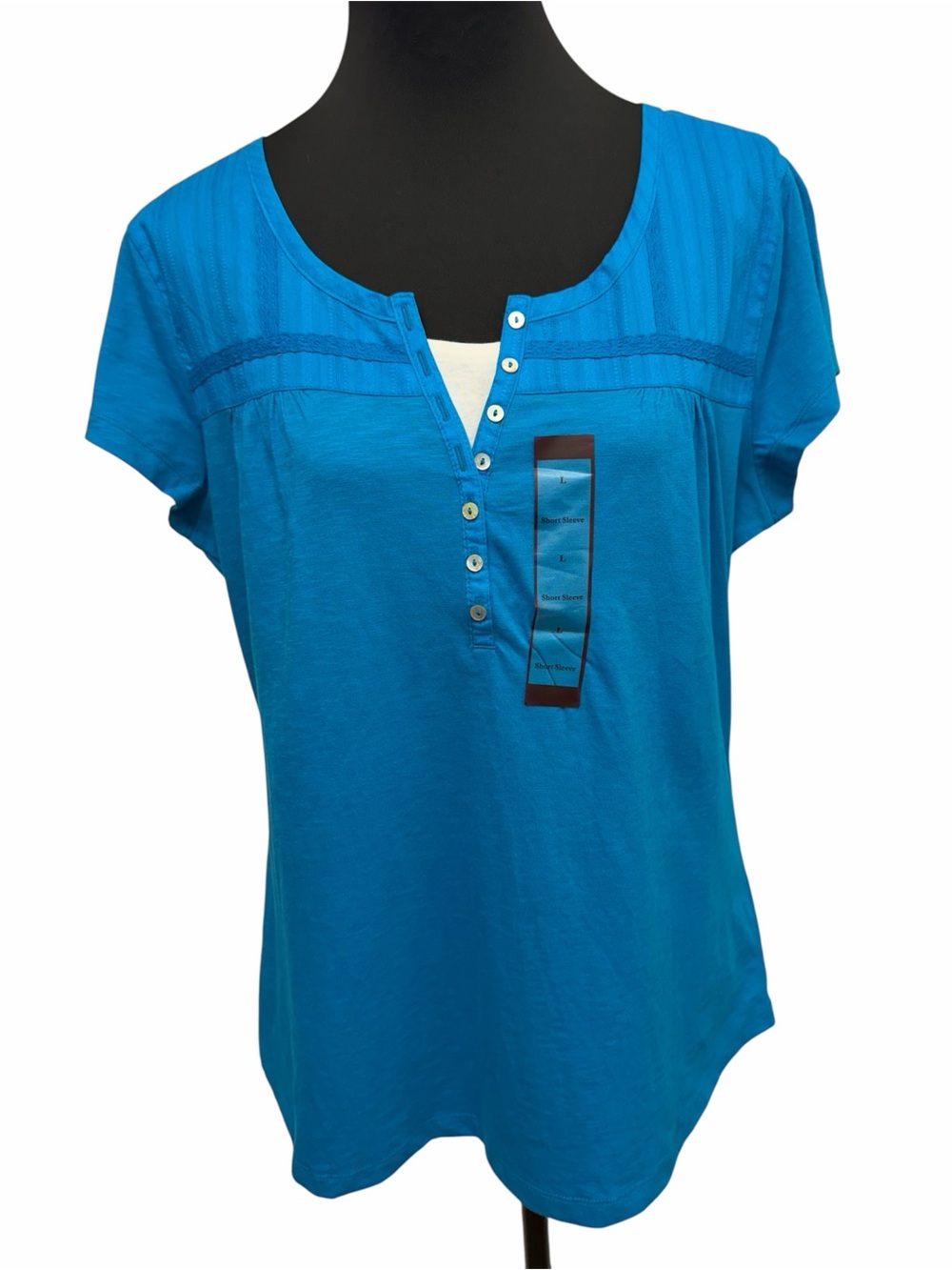 NorthCrest Duets Large Blue Layered Henley Short Sleeve Top NWT